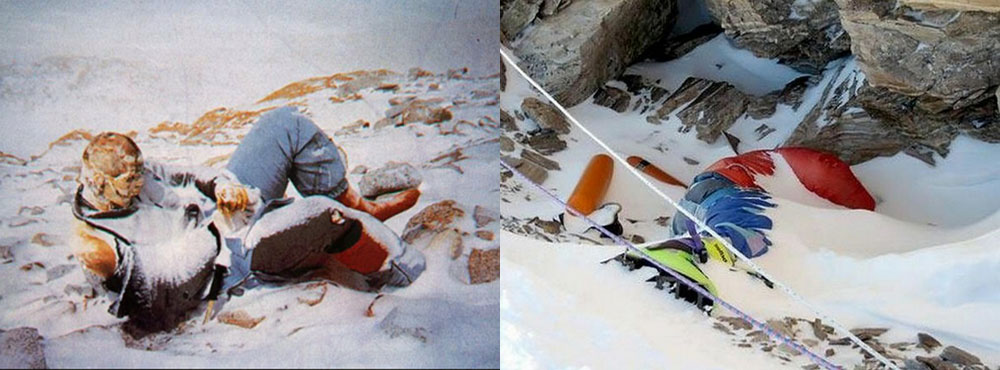 Deceased mountaineers serve as road markers on Everest