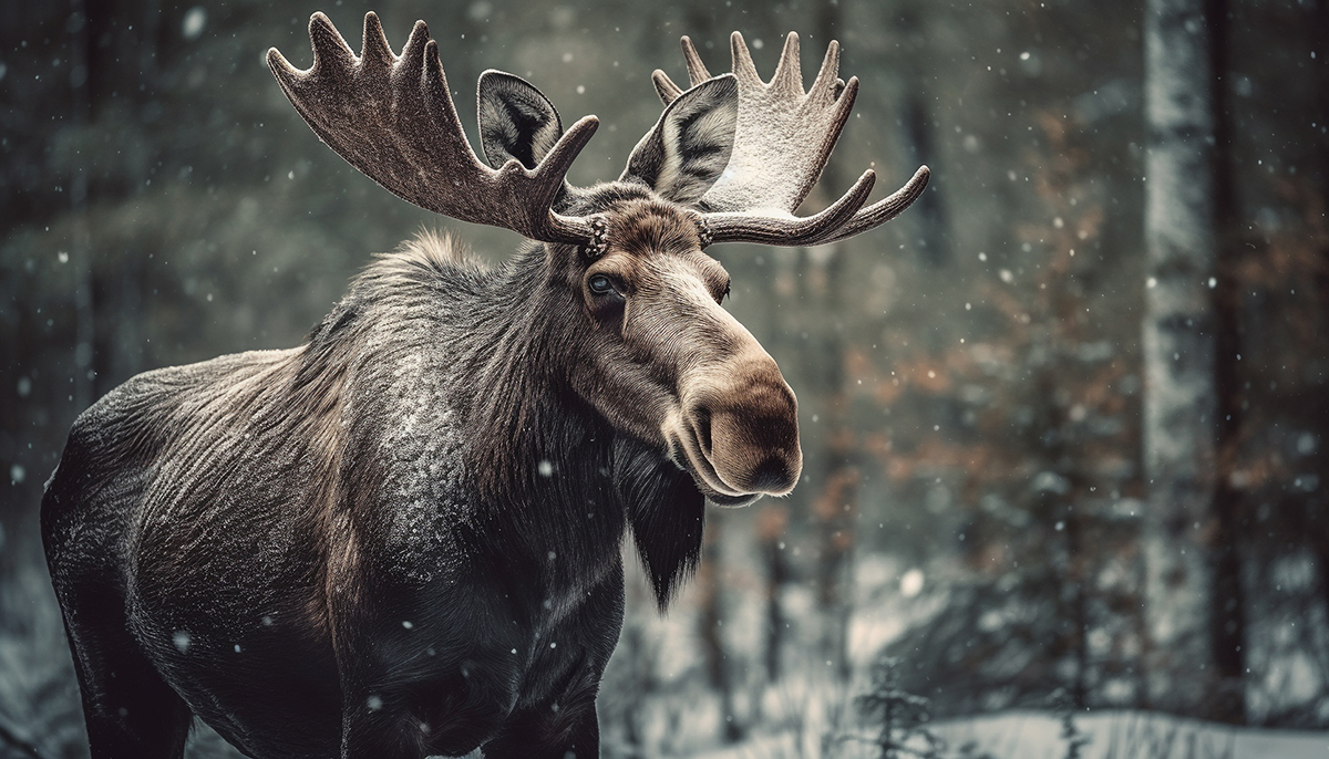 Elg med horn i vinterskov, der sner ro genereret af kunstig intelligens